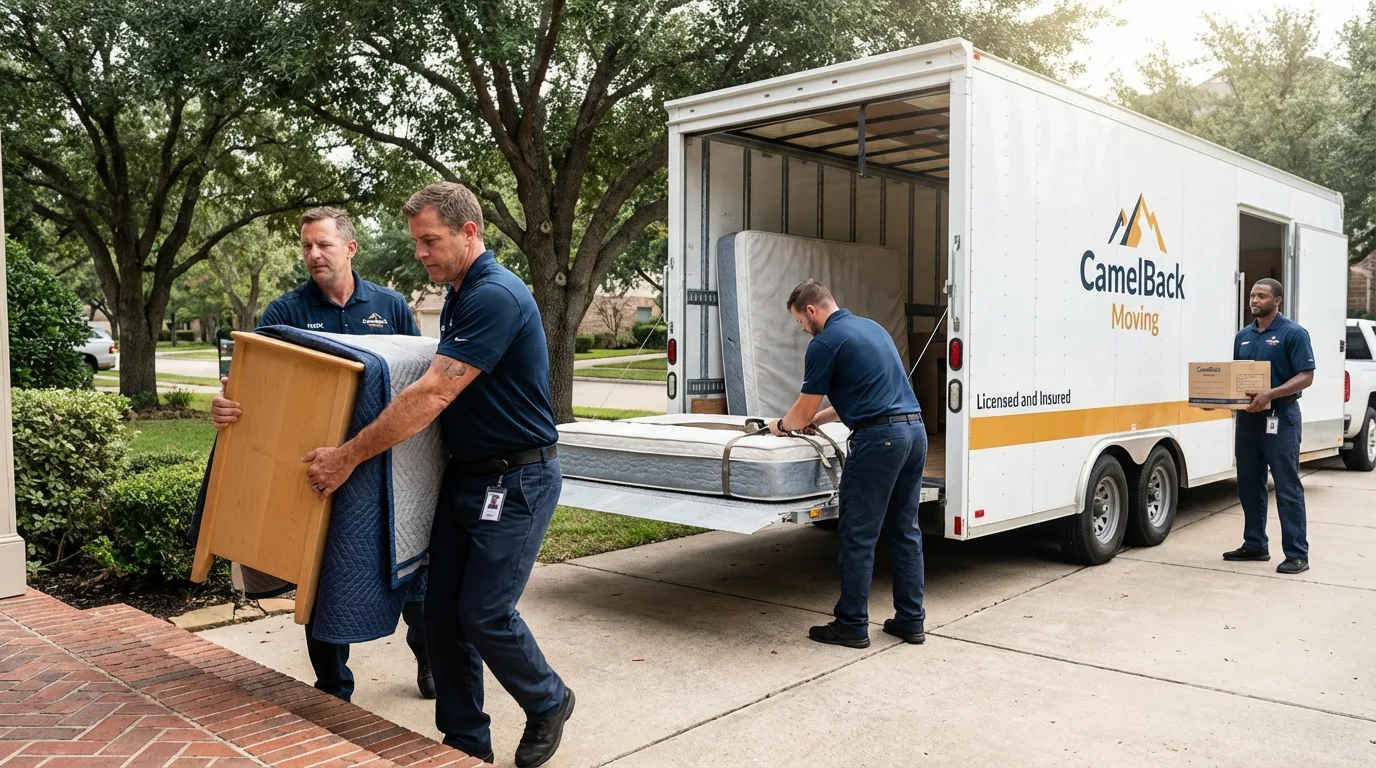 Crew loading residential truck for cross-state move from Fishers, IN