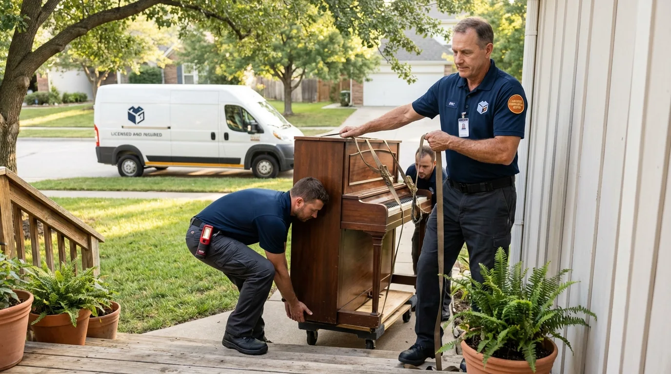 Licensed piano movers securing grand piano in Fishers, IN