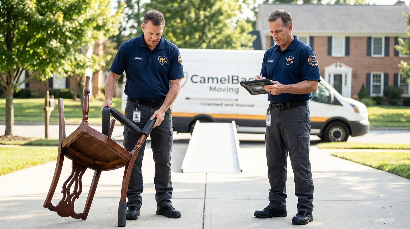 Movers inspecting furniture for damage prevention before loading in Fishers, IN
