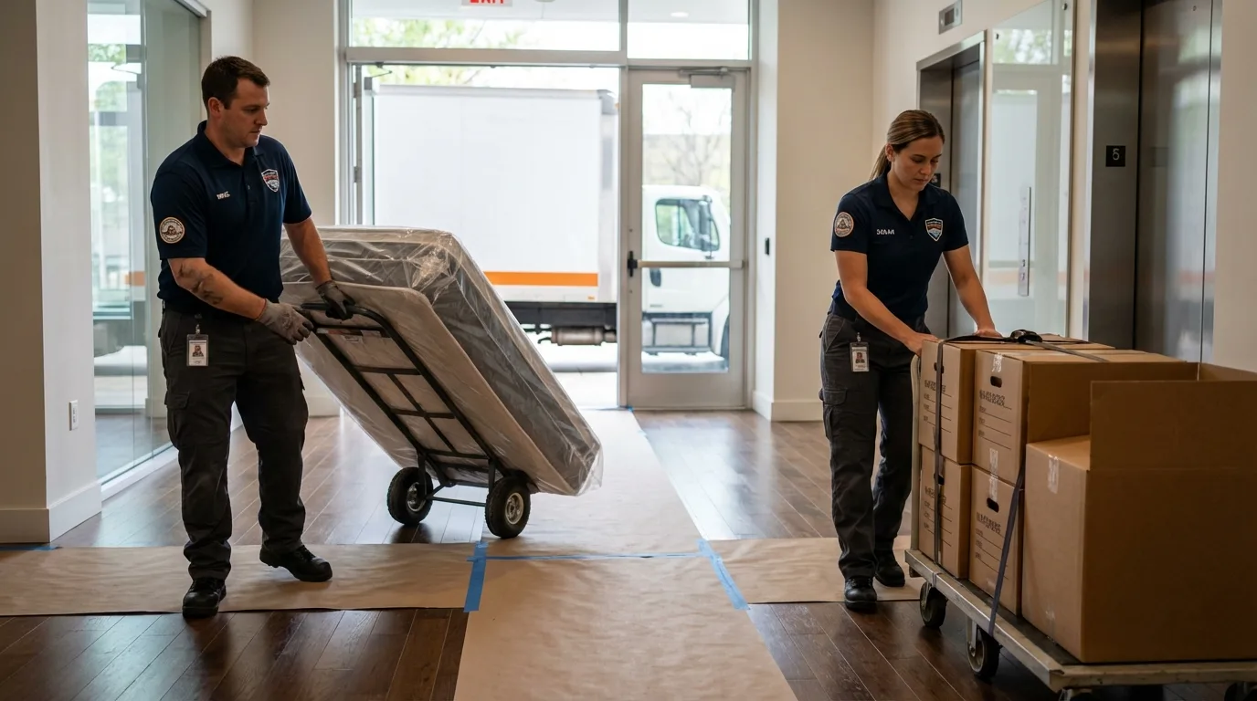 Professional apartment movers loading elevator in Fishers, IN